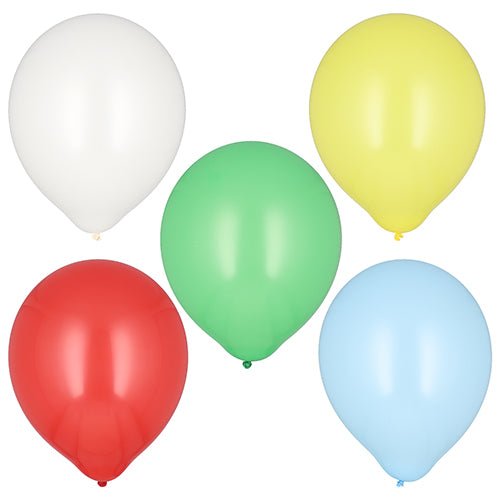 Een zak met 8 PAPSTAR ballonnen Ø 32 cm, kleurrijk gesorteerd door PAPSTAR GmbH, glanst in wit, geel, groen, rood en lichtblauw - perfect als feestdecoratie voor feesten.