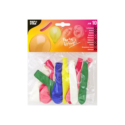 Un pack de 10 PAPSTAR ballons colorés assortis, de différentes formes de PAPSTAR GmbH est montré. Le sachet montre des ballons colorés et une personne souriante, idéal pour la décoration de fête.