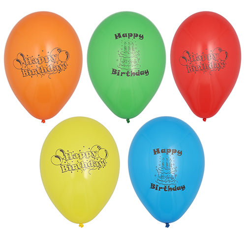Vijf heldere PAPSTAR GmbH ballonnen "Happy Birthday", Ø 22 cm, in verschillende kleuren, in een verpakking van 10 - de ideale verjaardagsdecoratie. De ballonnen kunnen in twee rijen worden gerangschikt: drie boven, twee onder, voor een feestelijke toets.
