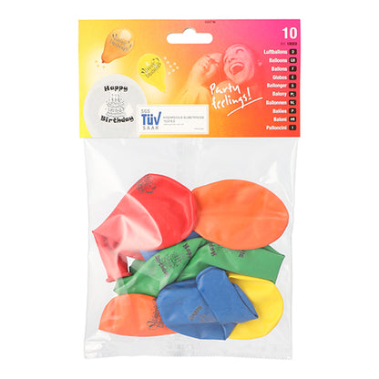 Een doorzichtige kunststofverpakking van de PAPSTAR GmbH met 10 kleurrijke "Happy Birthday" ballonnen (Ø 22 cm). Op het zakje staat "Party feeling!!!", ballonafbeelding en aantal (10) - perfect voor de verjaardagsdecoratie.