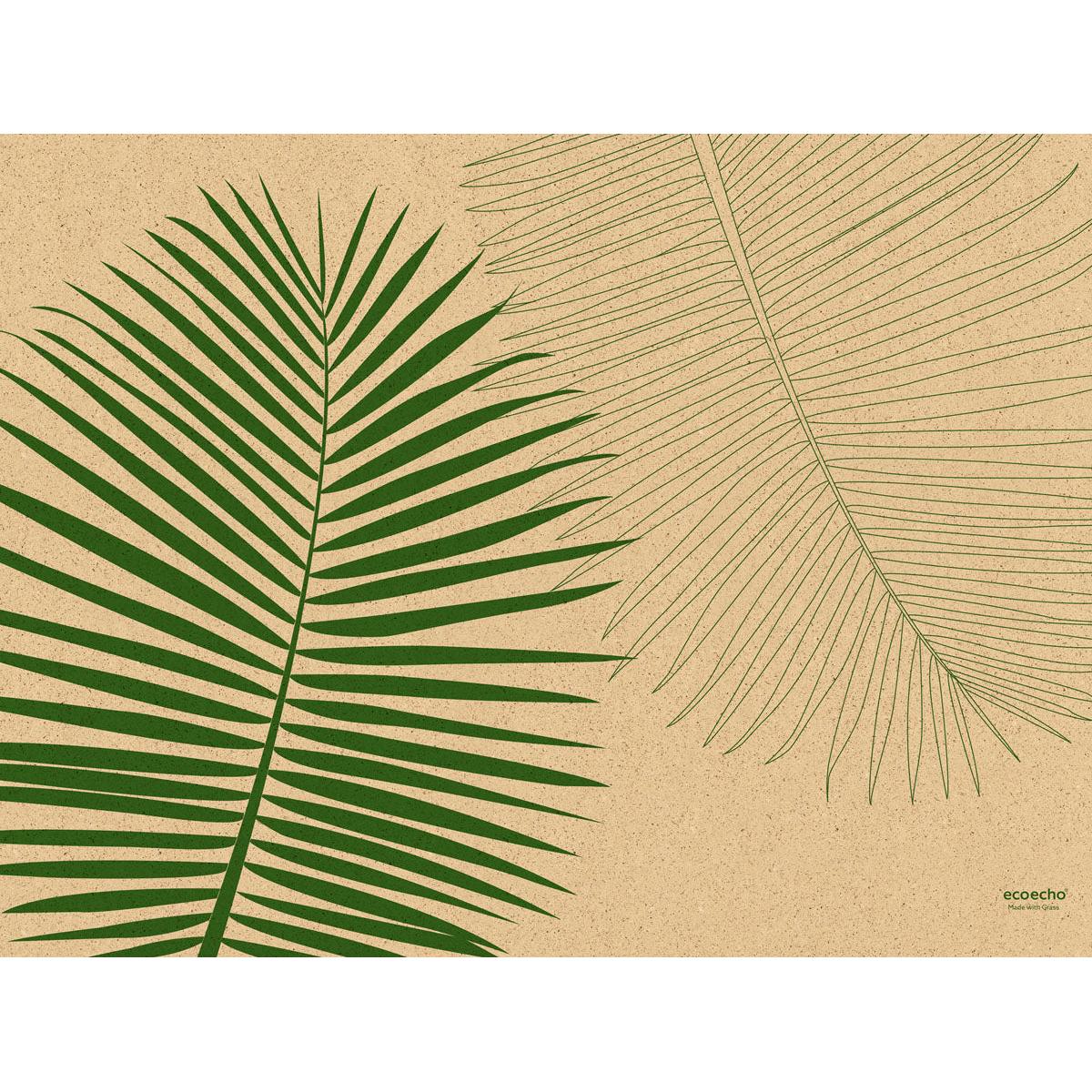 Deux feuilles de palmier sur fond beige ornent le set de table en papier (30x40 cm) de Duni GmbH - idéal pour les fêtes. L'emballage contient 250 pièces ; "ecoecho" est en bas à droite.