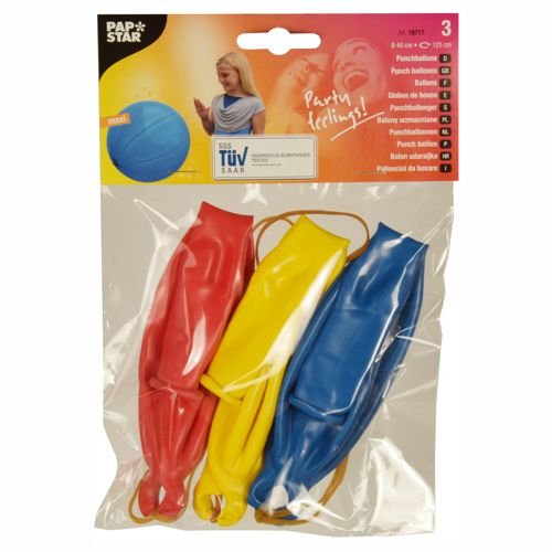 Un paquet de la société PAPSTAR GmbH avec 3 ballons de punch (Ø 40 cm), couleurs assorties, avec des élastiques dans un emballage transparent. Idéal pour les fêtes, comme illustré sur l'étiquette avec une femme tenant un ballon bleu.