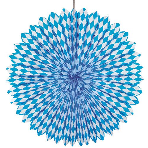 Le PAPSTAR éventail décoratif Ø 75 cm, bleu bavarois, de PAPSTAR GmbH, présente un motif à losanges bleu et blanc et est fabriqué en matériau difficilement inflammable - idéal pour la décoration de l'Oktoberfest.