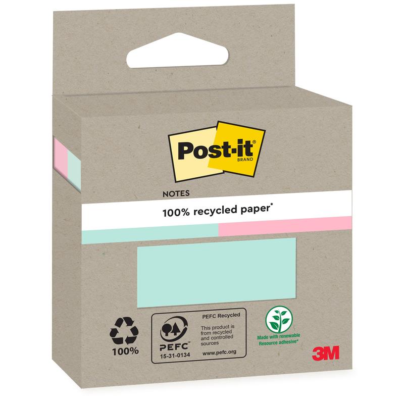Een doos Post-it® Recycling Notes (76 x 76 mm, 100 vellen, 100% PEFC) van 3M Deutschland GmbH heeft een beige buitenkant met recycling-symbolen en het Post-it-merk.