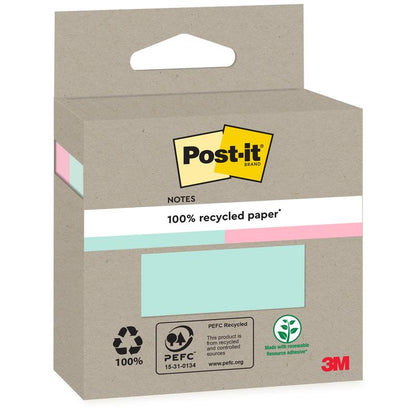 Een doos Post-it® Recycling Notes (76 x 76 mm, 100 vellen, 100% PEFC) van 3M Deutschland GmbH heeft een beige buitenkant met recycling-symbolen en het Post-it-merk.