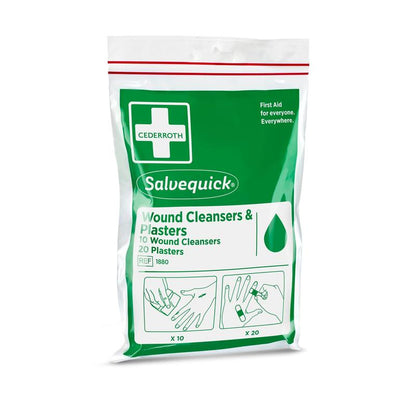 De verpakking van Orkla Wound Care AB bevat 10 Salvequick wondreinigers en 20 pleisters in een hersluitbare plastic zak - ideaal voor onderweg. Instructies voor gebruik op handen en vingers zijn afgebeeld.