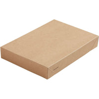 Un couvercle Viking Brick rectangulaire et fermé, en carton marron/PLA 200 x 140 x 30 de la société Duni GmbH, est représenté sur fond blanc, sans inscription à l'exception d'une mention discrète indiquant qu'il s'agit d'un emballage écologique destiné à la restauration (lot de 300 pièces).