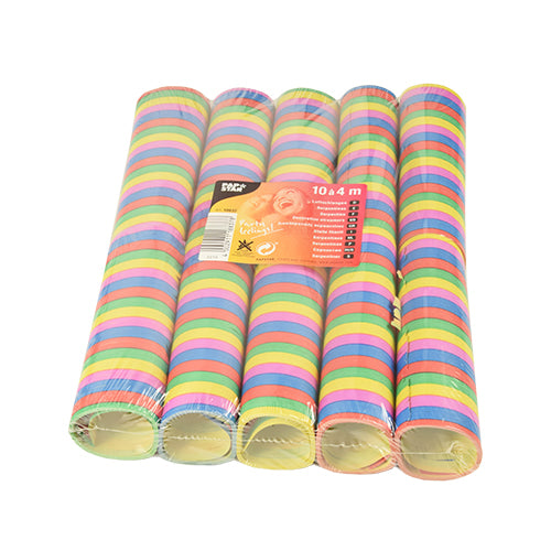 Tien vlamvertragende PAPSTAR serpentines "Stripes" (elk 4 m) van PAPSTAR GmbH worden geleverd in een transparante verpakking met frontlabel. De serpentines hebben meerdere heldere kleuren, perfect voor feestdecoratie.