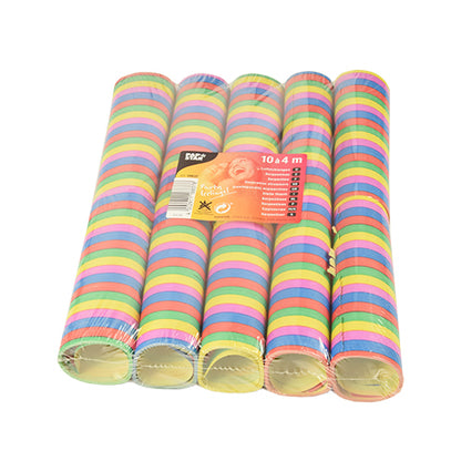 Tien vlamvertragende PAPSTAR serpentines "Stripes" (elk 4 m) van PAPSTAR GmbH worden geleverd in een transparante verpakking met frontlabel. De serpentines hebben meerdere heldere kleuren, perfect voor feestdecoratie.