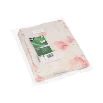 Een doorzichtige kunststofverpakking bevat 20 PAPSTAR gebaksdozen van karton, rechthoekig en roze met draaggreep. Het groene etiket van de PAPSTAR GmbH levert productdetails en zorgt voor een elegante presentatie.
