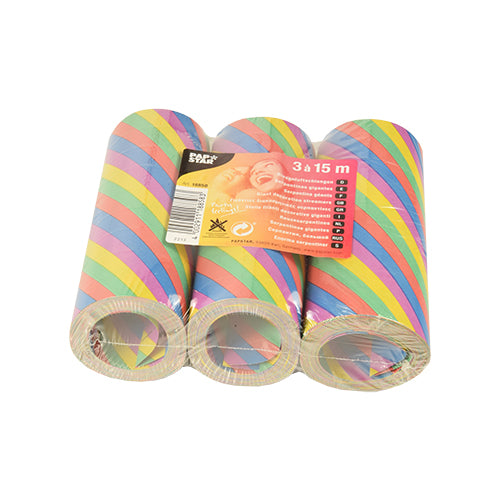Drie rollen PAPSTAR 3 reuzenserpentines (15 m, vlamvertragend) van de PAPSTAR GmbH, in kleurrijke schuine strepen en plastic verpakking met oranje etiket - ideaal voor feestdecoratie.