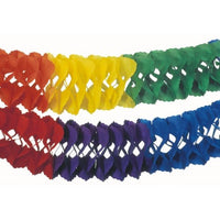 Op de afbeelding zijn twee PAPSTAR Grote slingers (papier, moeilijk ontvlambaar, Ø 25 cm, 10 m) van de PAPSTAR GmbH met een rood, geel, groen, blauw en paars rasterpatroon – een stralende decoratie op een witte achtergrond.