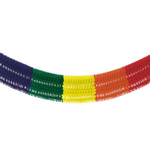 De PAPSTAR grootruimte slinger van moeilijk brandbaar papier (10 m) van PAPSTAR GmbH is een kleurrijke feestdecoratie in regenboogdesign en wordt per stuk verpakt in een zak.