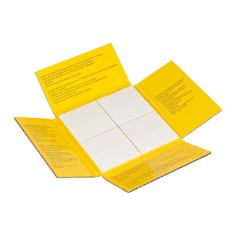Een opengeklapte gele, rechthoekige map van 3M Deutschland GmbH toont vier witte blokken Post-it® Transparante Notities (73 mm x 73 mm, 36 vellen/blok, 12 blokken/pak) met zwarte instructies aan de binnenkant. De achtergrond is wit.