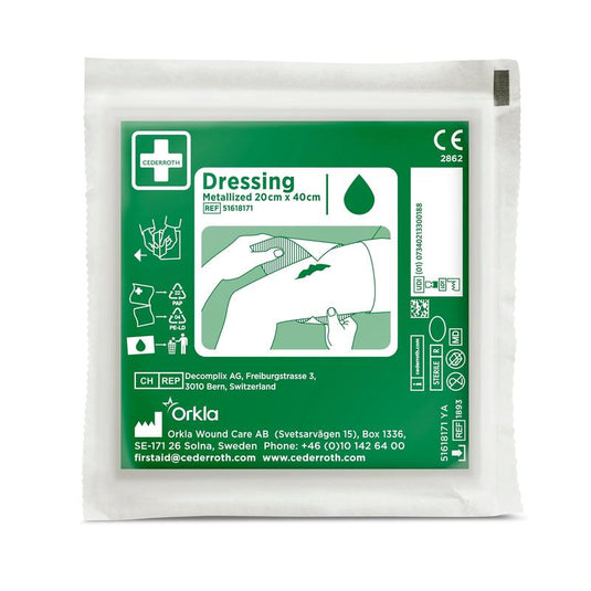 Op de voorkant van een groen-witte verpakking met het opschrift „Cederroth Netzverband | Verpakking (1 stuk)” van Orkla Wound Care AB staan geïllustreerde instructies voor wondverzorging, productgegevens, bedrijfsinformatie en medische symbolen.