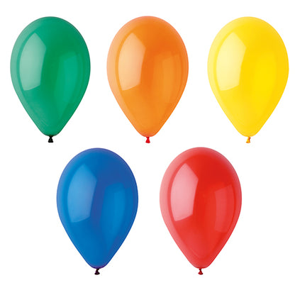 Cinq PAPSTAR 10 ballons Ø 25 cm assortis en couleurs de la PAPSTAR GmbH sont représentés dans les couleurs vert, orange, jaune (rangée supérieure) ainsi que bleu et rouge (rangée inférieure) sur un fond blanc simple.