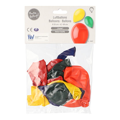 Un emballage transparent de la PAPSTAR GmbH avec l'inscription « PAPSTAR 10 ballons Ø 25 cm assortis en couleurs » contient des ballons non gonflés assortis en couleurs rouge, jaune, vert et bleu avec une étiquette d'information produit multilingue avec des images de ballons.