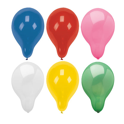 Six ballons ronds et colorés PAPSTAR 100 de la société PAPSTAR en grille 2x3 : en haut bleu, rouge, rose ; en bas blanc, jaune, vert. Tous sont entièrement gonflés et fabriqués avec des matériaux de haute qualité.