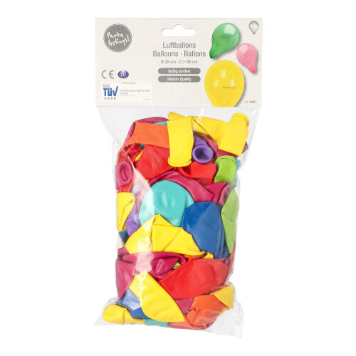 Un sac en plastique transparent de la société PAPSTAR contient 100 ballons ronds, triés par couleur et non gonflés. L'étiquette « Luftballons Balloons Ballons » avec des images de ballons assure un plaisir de jeu durable grâce à des matériaux de haute qualité.