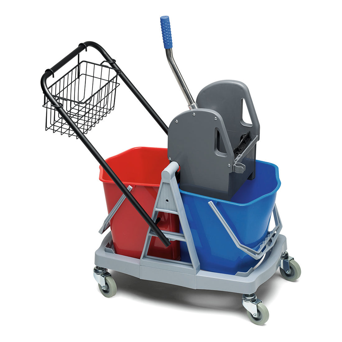 Der Nölle Profi Brush Reinigungswagen Double von Nölle Profi Brush Bürsten- & Pinseltechnik e.K. verfügt über zwei rote und blaue Eimer mit je 15 l Fassungsvermögen, einen Metall-Auswringgriff, ein Fahrgestell auf Rädern und einen schwarzen Drahtkorb für effiziente Reinigung.