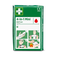 Un emballage vert portant la mention « Cederroth 4-in-1 mini blutstopper » de la marque Orkla Wound Care AB, sur lequel figurent des symboles illustrant les quatre étapes à suivre pour panser des plaies aux mains ou aux bras, y compris les brûlures. Une pièce par emballage.