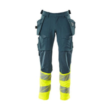 Pantalon avec poches suspendues, pantalon ULTIMATE STRETCH, pétrole foncé/jaune haute visibilité