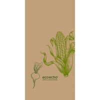 Een afbeelding van maïs en een wortelgroente op een lichtbruine achtergrond, met daaronder de tekst „ecoecho 100% composteerbaar”, kenmerkt de Duni GmbH-servetten van celstof, 40 x 40 cm, 2-laags, 1/8 boekvouw Veggies, verpakking (300 stuks).