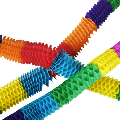 De PAPSTAR 4 slingers van de PAPSTAR GmbH zijn gestructureerde, accordeonachtige papieren slingers in rood, oranje, geel, groen, blauw en paars. Diagonaal in elkaar verstrengeld op een witte achtergrond zijn ze herbruikbaar en geven ze elk feest een feestelijke tint.