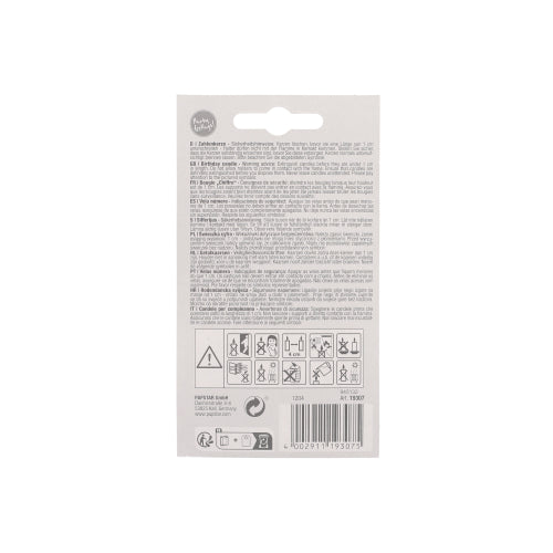 De PAPSTAR cijferkaars 7,3 cm wit met rode rand van de PAPSTAR GmbH wordt geleverd in een verpakking met meertalige handleiding, veiligheidssymbolen, barcode, recyclingsymbolen en een ophanglus – ideaal voor jubilea en verjaardagen.