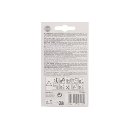 De PAPSTAR cijferkaars 7,3 cm wit met rode rand van de PAPSTAR GmbH wordt geleverd in een verpakking met meertalige handleiding, veiligheidssymbolen, barcode, recyclingsymbolen en een ophanglus – ideaal voor jubilea en verjaardagen.