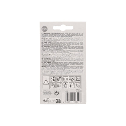 Achterkant van de PAPSTAR cijferkaars 7,3 cm wit met rode rand van de PAPSTAR GmbH. Meertalige tekst, veiligheidssymbolen, recyclingsymbolen, barcode. Ideaal voor jubilea en verjaardagen. Bevat gebruikswaarschuwingen en is bovenaan voorzien van een ophanggat.