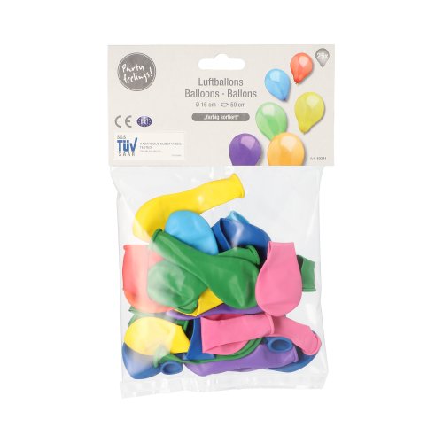 Un sac transparent de PAPSTAR GmbH contient 25 ballons de 16 cm triés dans les couleurs bleu, vert, jaune et rose. L'étiquette affiche "Party Feeling!", du texte multilingue et des illustrations pour les ballons PAPSTAR Ø 16 cm.