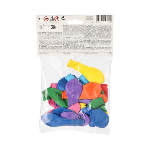 Un sac en plastique clair de PAPSTAR GmbH contient 25 ballons colorés triés PAPSTAR (Ø 16 cm) pour les fêtes. Les ballons lumineux sont disponibles en bleu, vert, jaune, rose, orange et violet. En haut du sac se trouve une étiquette blanche avec du texte et des symboles.