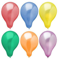 Zes opgeblazen PAPSTAR GmbH-ballonnen met een diameter van 25 cm, in diverse kleuren, met een metallic-ontwerp, in twee rijen gerangschikt en in levendige kleuren, vormen een perfecte feestversiering tegen een eenvoudige witte achtergrond. De verpakking bevat 25 stuks.