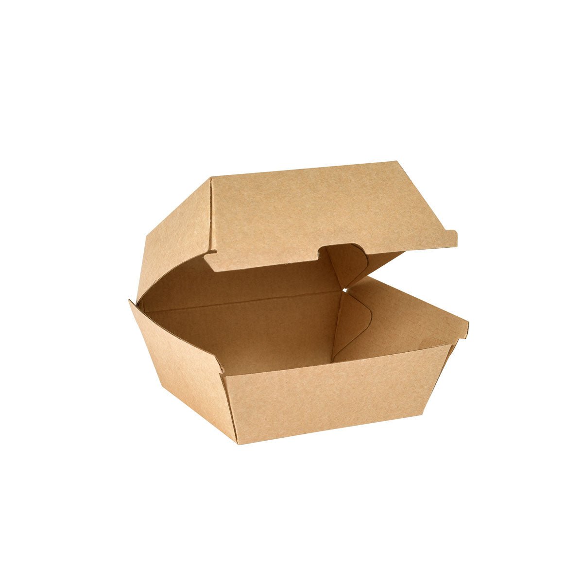 La boîte à coquilles BioPak Small Brown Cardboard FSC 105x102x84 de Duni GmbH, ouverte sur fond blanc, est un emballage écologique et idéal pour des solutions de plats à emporter durables. Paquet de 55 pièces.