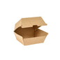 La boîte à coquilles BioPak Small Brown Cardboard FSC 105x102x84 de Duni GmbH, ouverte sur fond blanc, est un emballage écologique et idéal pour des solutions de plats à emporter durables. Paquet de 55 pièces.