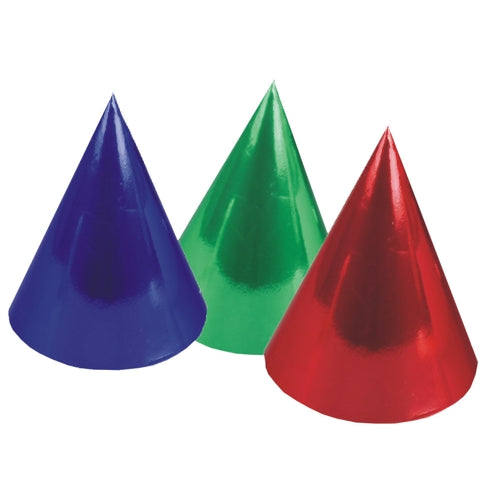 Drie PAPSTAR hoedjes in verschillende kleuren "Metallic" van PAPSTAR GmbH staan naast elkaar in blauw, groen en rood. Hun glanzende, reflecterende oppervlak is ideaal om elke feestdecoratie een feestelijke uitstraling te geven. De zak bevat 6 stuks.