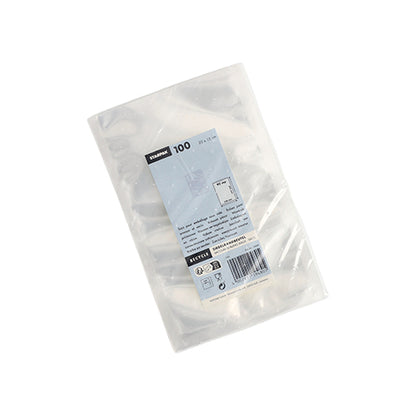 Un emballage plastique transparent avec 100 sacs transparents Starpak à bord scellé (PA/PE), avec une étiquette bleu-blanc contenant des informations sur le produit et un code-barres ; des manchons empilés sont visibles à travers l'emballage.