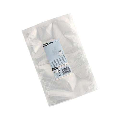 Un emballage plastique transparent avec 100 sacs Starpak à bord scellé (PA/PE, 40 x 30 cm, transparent) pour aliments, avec une étiquette blanc-bleu indiquant les informations et la quantité. L'article est photographié sur un fond blanc.