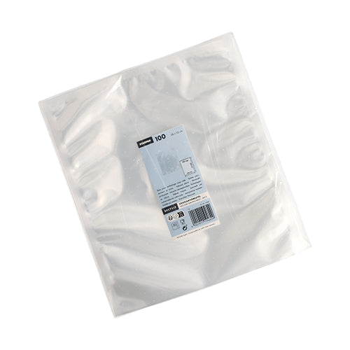 Un paquet de 100 sacs transparents Starpak à bord scellé (40 x 30 cm, PA/PE) est livré dans un emballage avec une étiquette blanc-bleu contenant les informations sur le produit, un code-barres et l'image d'un sac alimentaire sous vide.