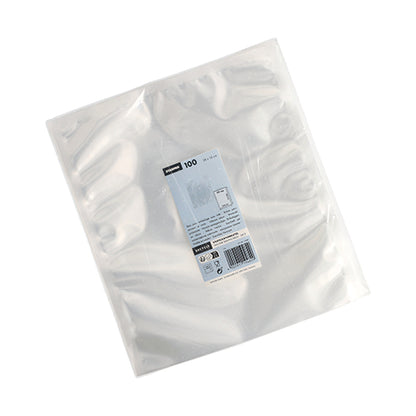 Un paquet de 100 sacs transparents Starpak à bord scellé (40 x 30 cm, PA/PE) est livré dans un emballage avec une étiquette blanc-bleu contenant les informations sur le produit, un code-barres et l'image d'un sac alimentaire sous vide.