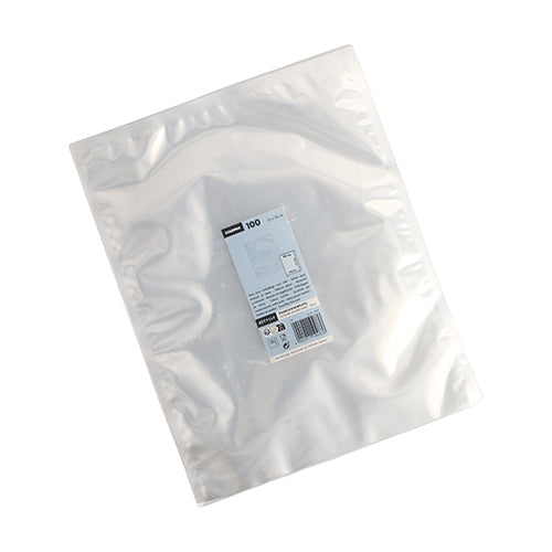 Un sac Starpak 100 à bord scellé (PA/PE transparent) vide et plat au format 40 x 30 cm est représenté sur un fond blanc avec une étiquette centrale blanc-bleu. L'emballage contient 100 sacs alimentaires sous vide refermables de la marque Starpak.