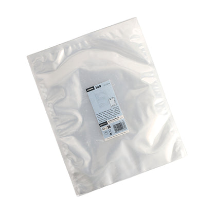 Un sac Starpak 100 à bord scellé (PA/PE transparent) vide et plat au format 40 x 30 cm est représenté sur un fond blanc avec une étiquette centrale blanc-bleu. L'emballage contient 100 sacs alimentaires sous vide refermables de la marque Starpak.