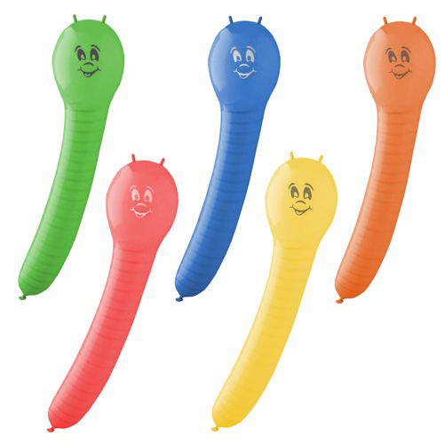 Die PAPSTAR GmbH luchtballonnen kleurrijk gesorteerd "Caterpillar" (5 stuks) zijn geribbelde, langwerpige ballonnen in verschillende kleuren met lachende gezichten - ideaal voor kinderfeestdecoratie en feestelijke gelegenheden.