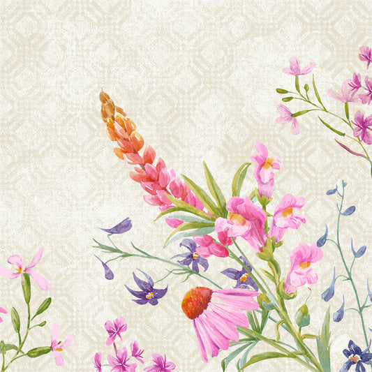 Eine Aquarell-Illustration von Wildblumen in Rosa, Lila und Orange bildet das elegante Floret-Muster auf diesen Duni GmbH Klassik Floret Servietten 40x40 cm (Packung 50 Stück) - ideal für eine stilvolle Tischdekoration.