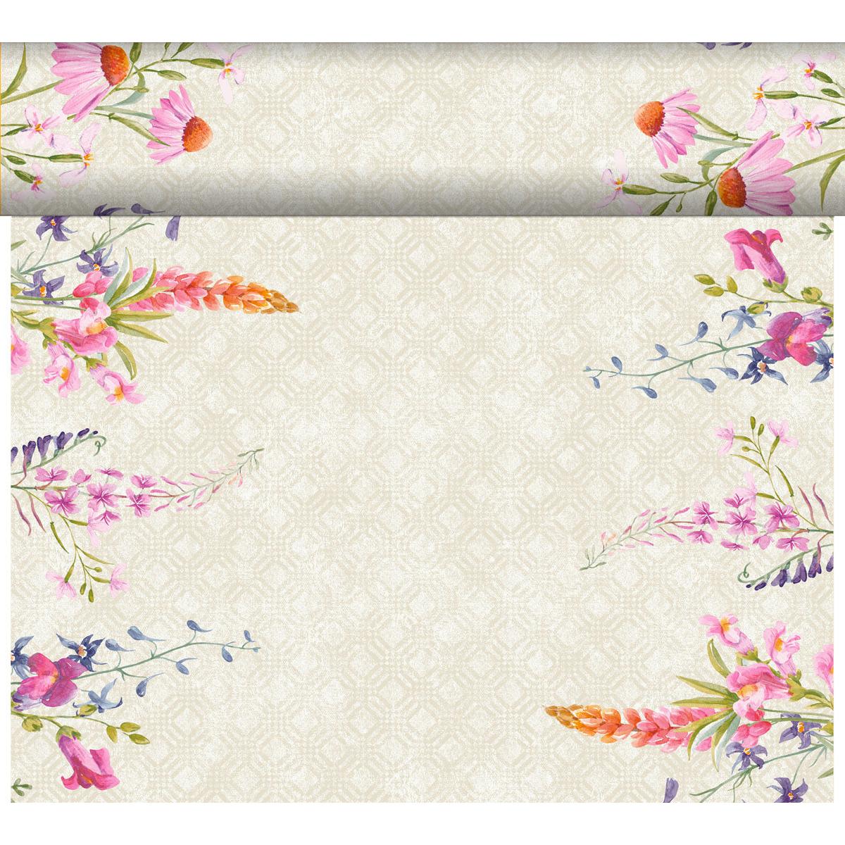 Un fond couleur crème avec un motif géométrique et des fleurs aquarelles vives aux coins reflète le charme frais et résistant aux intempéries du DC-Tete a Tete 0,4x24m de Duni GmbH - idéal pour l'aménagement élégant des espaces extérieurs.