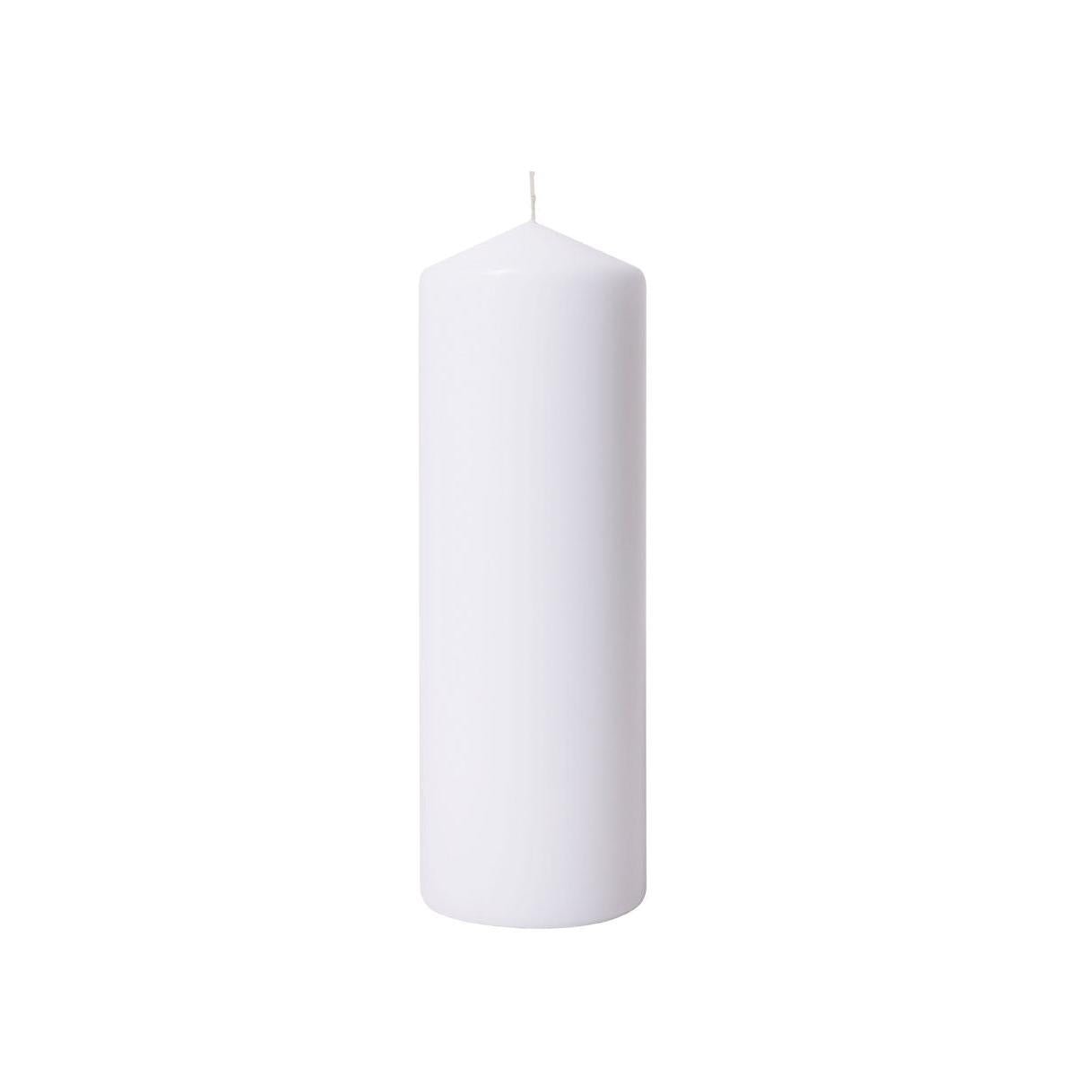 De witte stompkaars 300x100 mm van Duni GmbH staat met een glad oppervlak en ongebrande lont tegen een witte achtergrond - ideaal voor decoratie en evenementen, met een indrukwekkende brandduur van 200 uur (1 stuk).