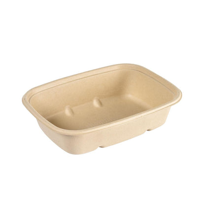 Der Bagasse Bowl CUBE RECTANGULAR von Duni GmbH ist ein brauner, unbeschichteter, biologisch abbaubarer, geformter Lebensmittelbehälter aus Fasern, der leer auf weißem Hintergrund abgebildet ist.