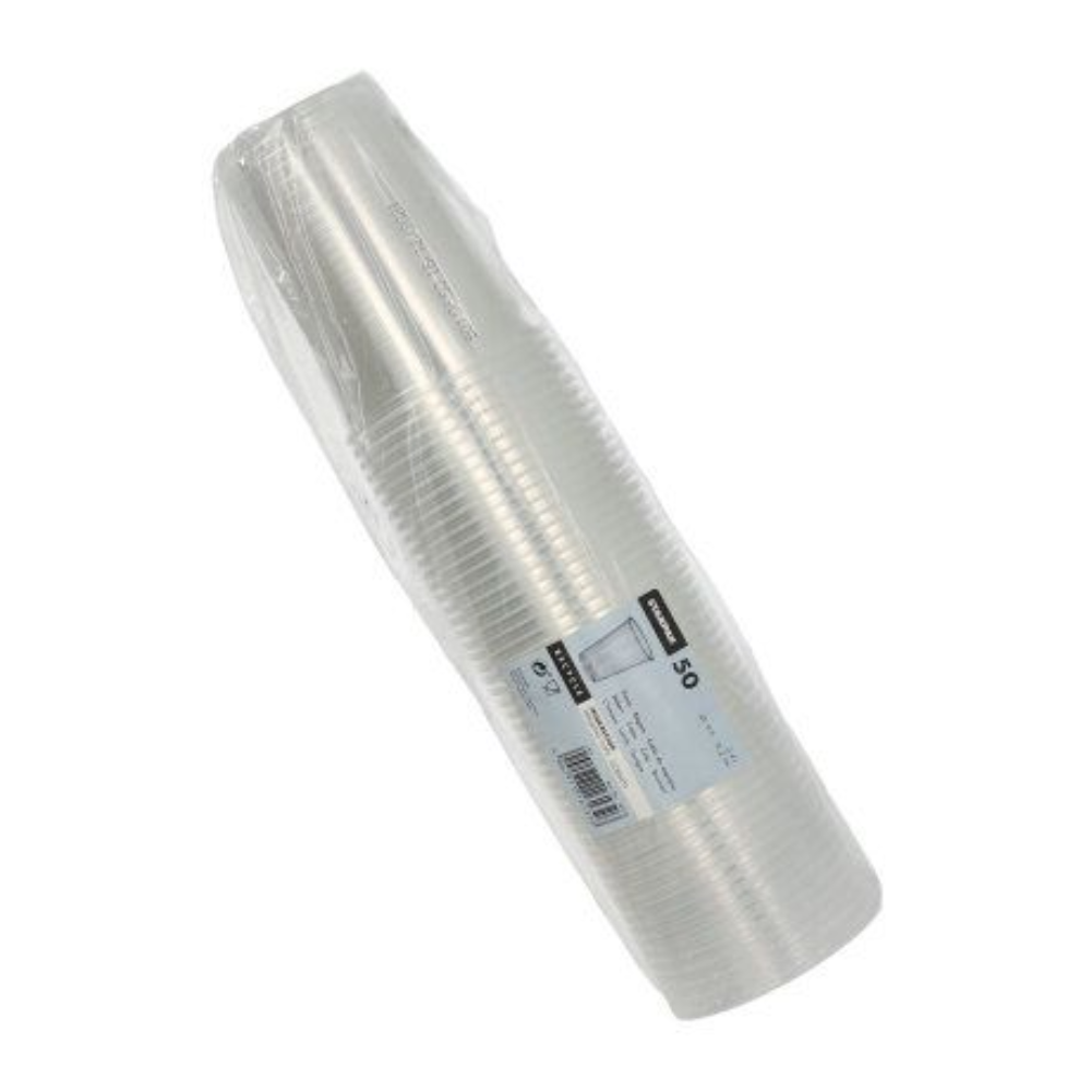 Een set transparante plasticbekers van Starpak, netjes gerangschikt in een cilindrische vorm en verpakt in een plastic verpakking. De verpakking heeft een etiket met productdetails en een barcode. Het betreft nieuwe Starpak plasticbekers (PP) met een inhoud van 0,4 liter, de afmetingen Ø 9,5 cm x 12,2 cm en een verpakking met 50 stuks met schuimrand.