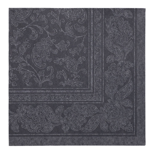 Gros plan d'une serviette carrée noire PAPSTAR 50 serviettes "ROYAL Collection" 1/4-pli 40 x 40 cm de la PAPSTAR GmbH avec un motif paisley et floral complexe sur le bord et au centre.